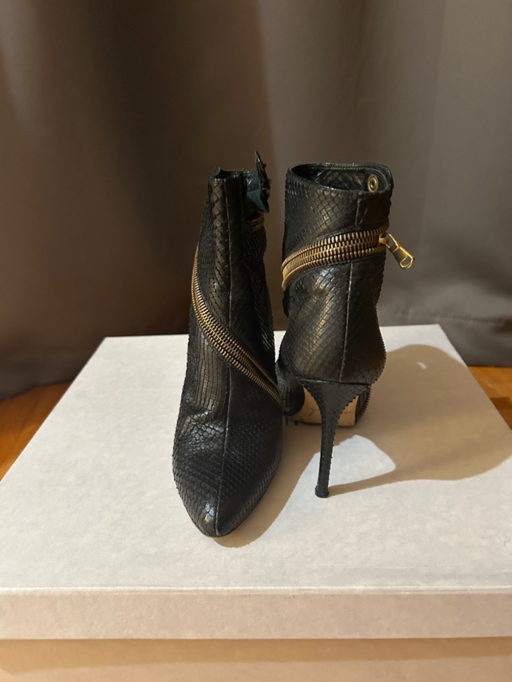 Brian Atwood Black Snake-Texture Stiletto Ankle Boots with Gold Spiral Zipper